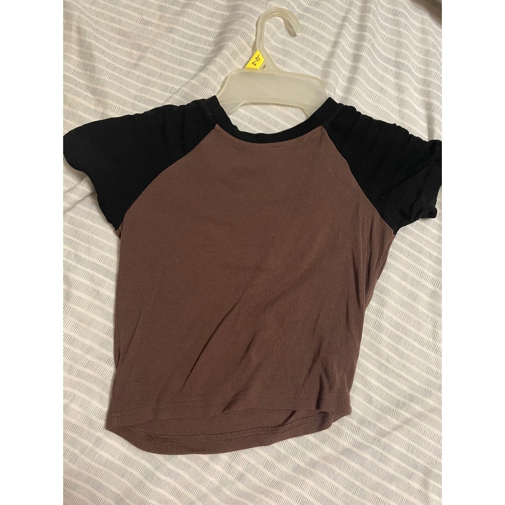 Dazy Women Brown Black Ribbed Raglan Short Sleeve T-Shirt Size M